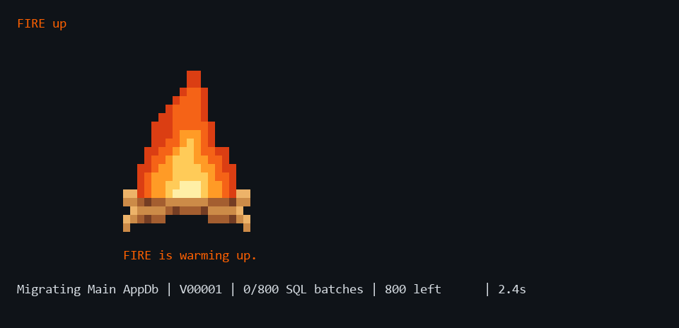 FIRE-CLI animated terminal preview showing database migration progress